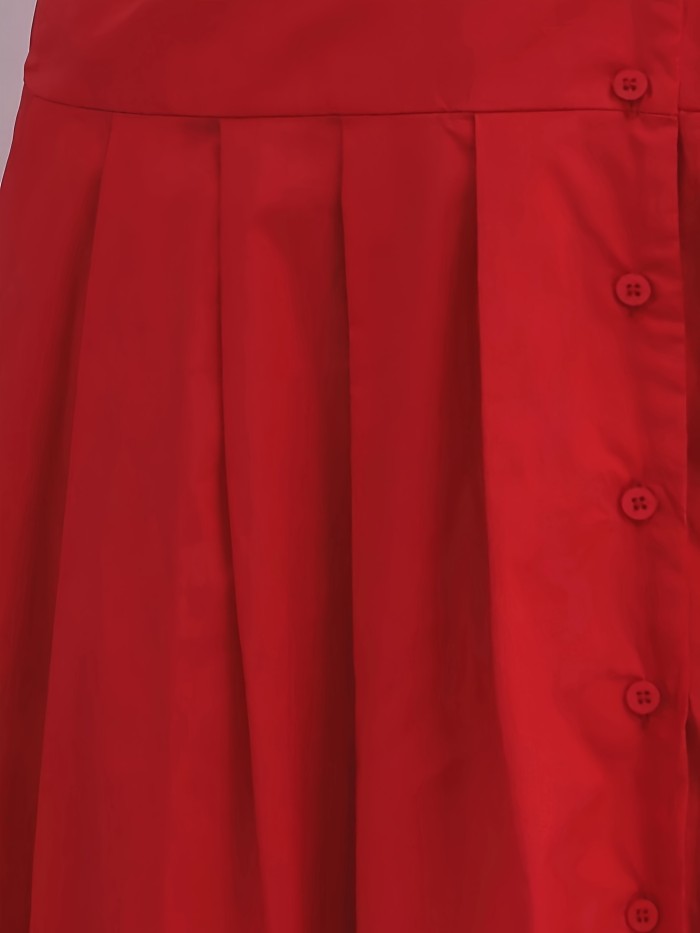 Button Front Lapel Neck Dress, Elegant Pleated Short Sleeve Bow Long Length Dress For Spring & Summer, Women's Clothing