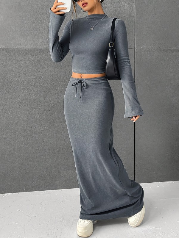 Solid Color Slim Skirt Set, Crop Long Sleeve Mock Neck Top & Drawstring Maxi Length Fit Skirt Outfits, Women's Clothing
