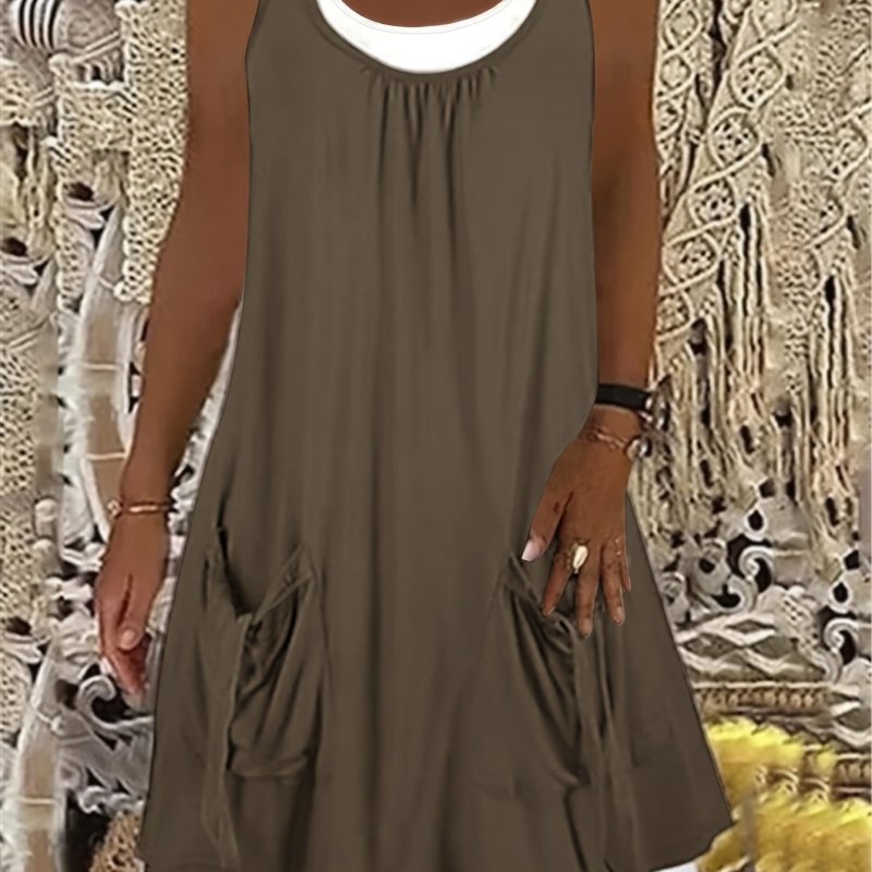 Colorblock Dual Pocket Tank Dress, Casual Sleeveless Crew Neck Dress, Women's Clothing