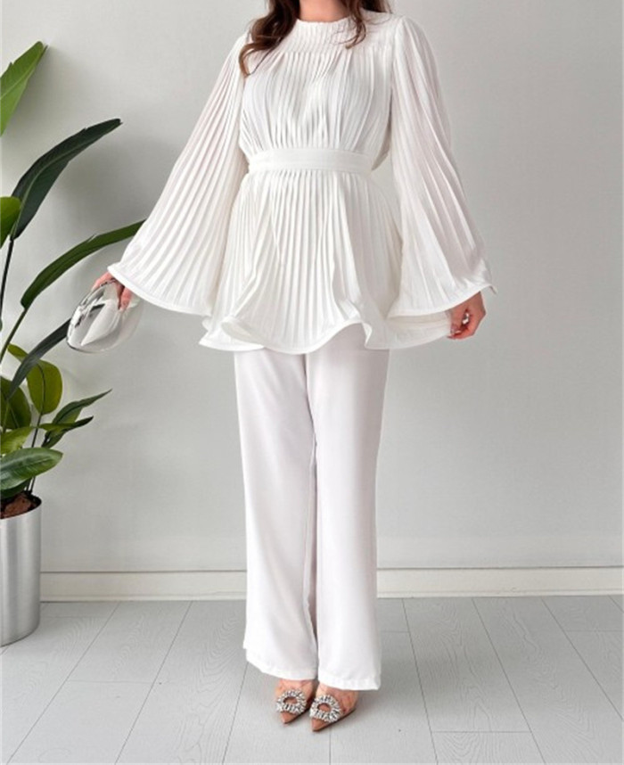 Elegant Pants Set Women Pleated Flare Sleeve Top Trousers Two Piece Set