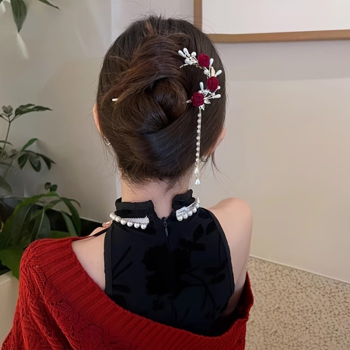 1pc, Elegant Retro Tassel Hairpin, Flower Theme Daisy & Rose Design U Shape Hairpin, Women Girls Casual Party Supplies, Princess Fairy Style Hair Accessories, Gift Photo Props