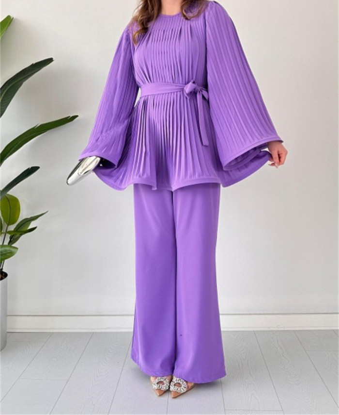 Elegant Pants Set Women Pleated Flare Sleeve Top Trousers Two Piece Set