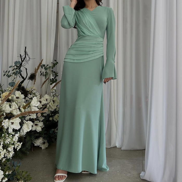 Women's Fashion Bodycon Round Neck Trumpet Sleeves Casual Pleated Elegant High Waist Dress
