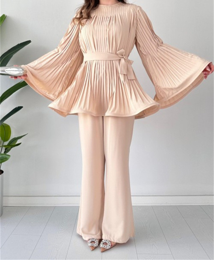 Elegant Pants Set Women Pleated Flare Sleeve Top Trousers Two Piece Set