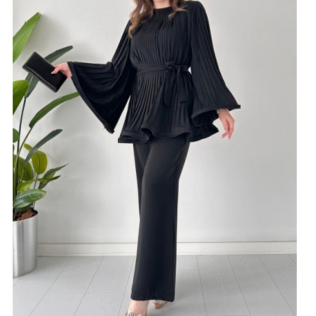 Elegant Pants Set Women Pleated Flare Sleeve Top Trousers Two Piece Set