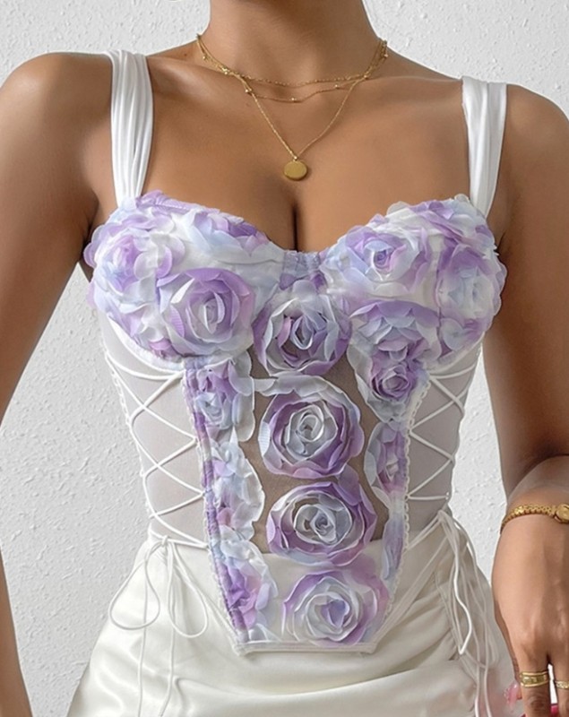 Fashion Floral Pattern Lace-Up Casual Sweetheart Neck Sleeveless Bodycon Tank Top