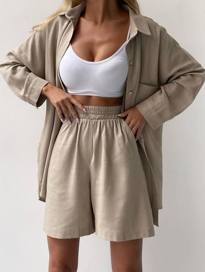 Fashion Lapel Cardigan Shirt Solid Color Shorts Pocket Button Shorts Set