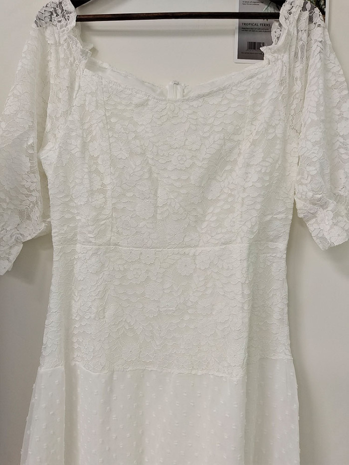 White Floral Print Elegant Puff Sleeve Slash Neck  Lace Party Prom Wedding Dresses