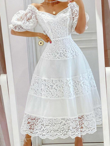 White Floral Print Elegant Puff Sleeve Slash Neck  Lace Party Prom Wedding Dresses