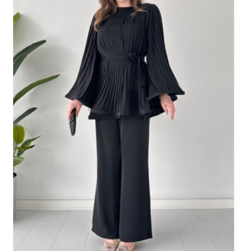 Elegant Pants Set Women Pleated Flare Sleeve Top Trousers Two Piece Set