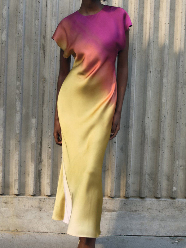 Vintage Tie-Dyed  Elegant Short Sleeve Satin  Fashion Gradient Slim High Street Dress