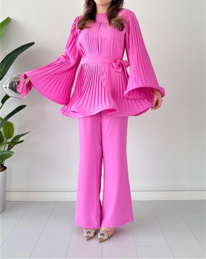 Elegant Pants Set Women Pleated Flare Sleeve Top Trousers Two Piece Set