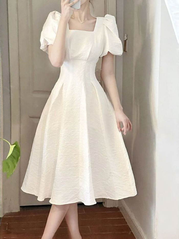 Vintage Square Neck Puff Sleeve High Waist A-Line Fashion  Midi Dresses