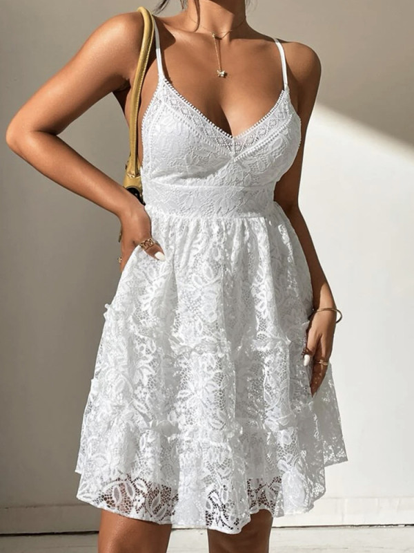 White Lace Sexy V Neck Sleeveless Backless Elegant Fashion Floral Embroidered Lace Up Dress