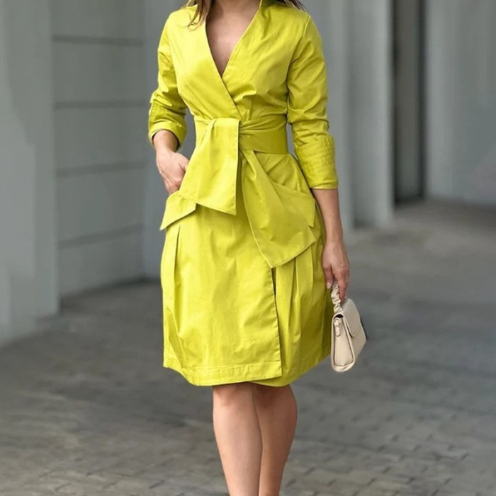 Fashion Sexy V Neck Solid Color Party Elegant Loose Fit Pocket Splicing Dress