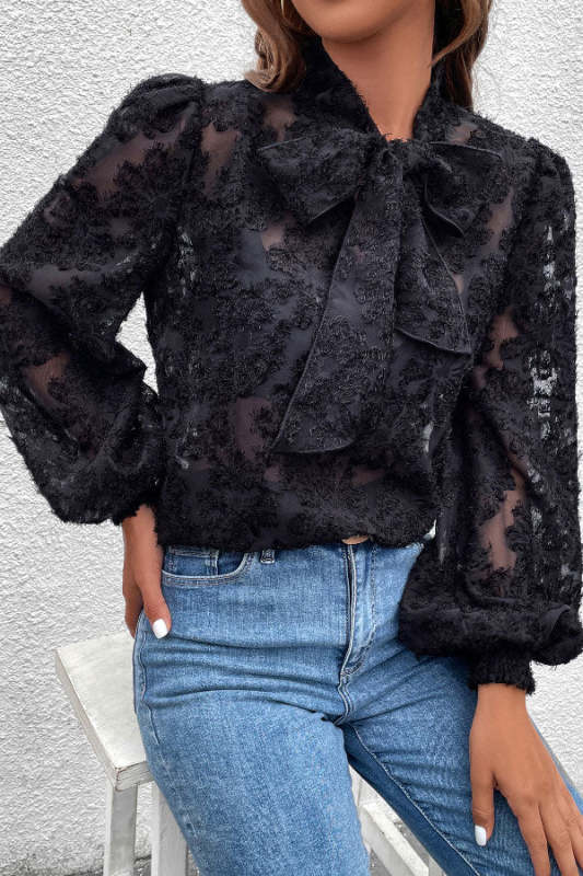 Sexy See-through Tie Balloon Sleeve Blouse