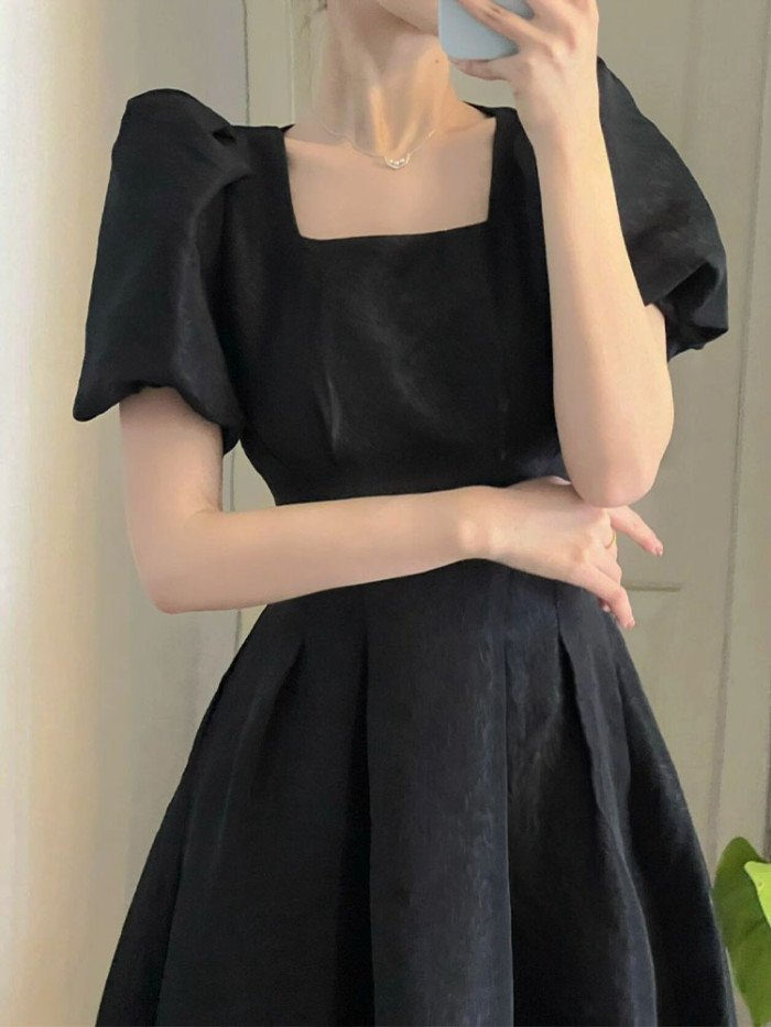Vintage Square Neck Puff Sleeve High Waist A-Line Fashion  Midi Dresses