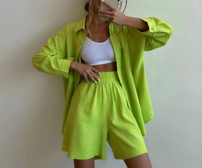 Fashion Lapel Cardigan Shirt Solid Color Shorts Pocket Button Shorts Set