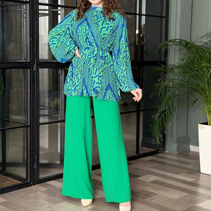 Women Loose Printing Lace Up Shirt Tops Two Piece Set Lady Full Sleeve Pants Suit