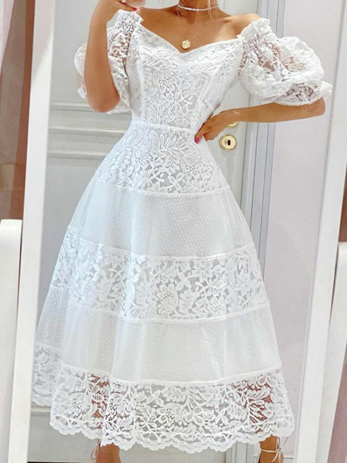 White Floral Print Elegant Puff Sleeve Slash Neck  Lace Party Prom Wedding Dresses