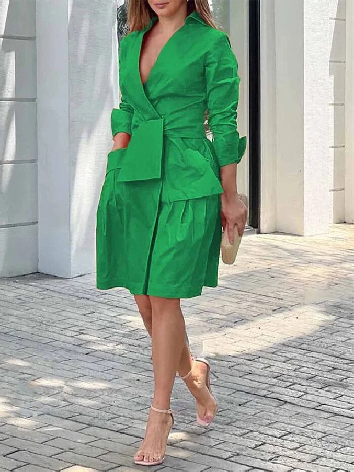 Fashion Sexy V Neck Solid Color Party Elegant Loose Fit Pocket Splicing Dress