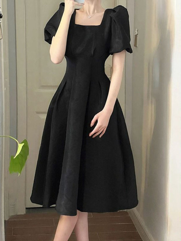 Vintage Square Neck Puff Sleeve High Waist A-Line Fashion  Midi Dresses