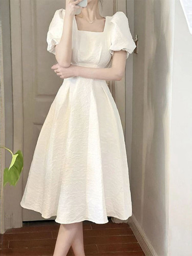 Vintage Square Neck Puff Sleeve High Waist A-Line Fashion  Midi Dresses