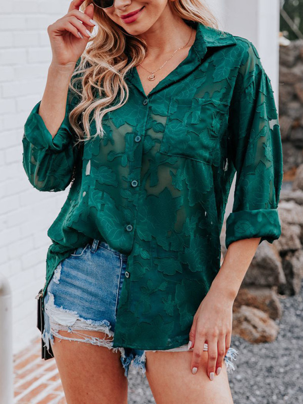 Fashion Jacquard Long Sleeve Button Elegant Retro Casual See-through Big Shirt