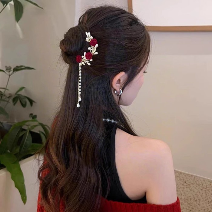 1pc, Elegant Retro Tassel Hairpin, Flower Theme Daisy & Rose Design U Shape Hairpin, Women Girls Casual Party Supplies, Princess Fairy Style Hair Accessories, Gift Photo Props
