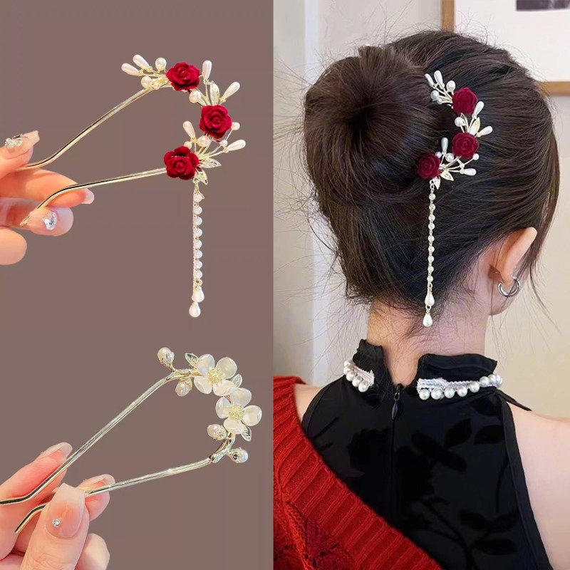 1pc, Elegant Retro Tassel Hairpin, Flower Theme Daisy & Rose Design U Shape Hairpin, Women Girls Casual Party Supplies, Princess Fairy Style Hair Accessories, Gift Photo Props