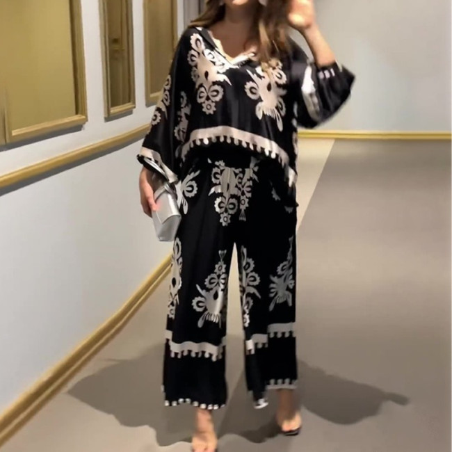 Print Wide Leg Pant Sets Loose Casual Elegant Splice Oblique Shoulder Tops Long Pants