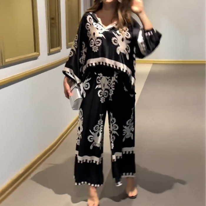 Print Wide Leg Pant Sets Loose Casual Elegant Splice Oblique Shoulder Tops Long Pants