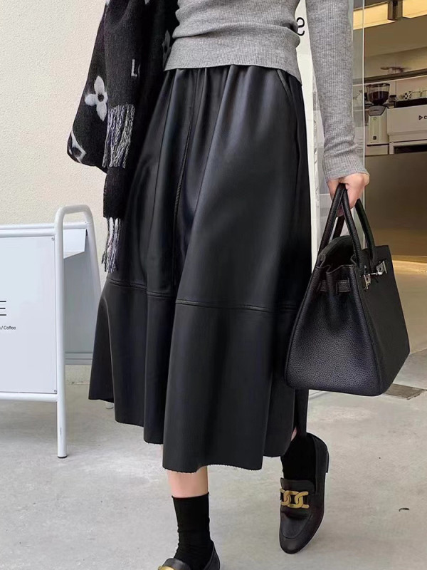 PU Leather Skirt Fashion Solid Color Casual Loose High Waist A-Line Skirt