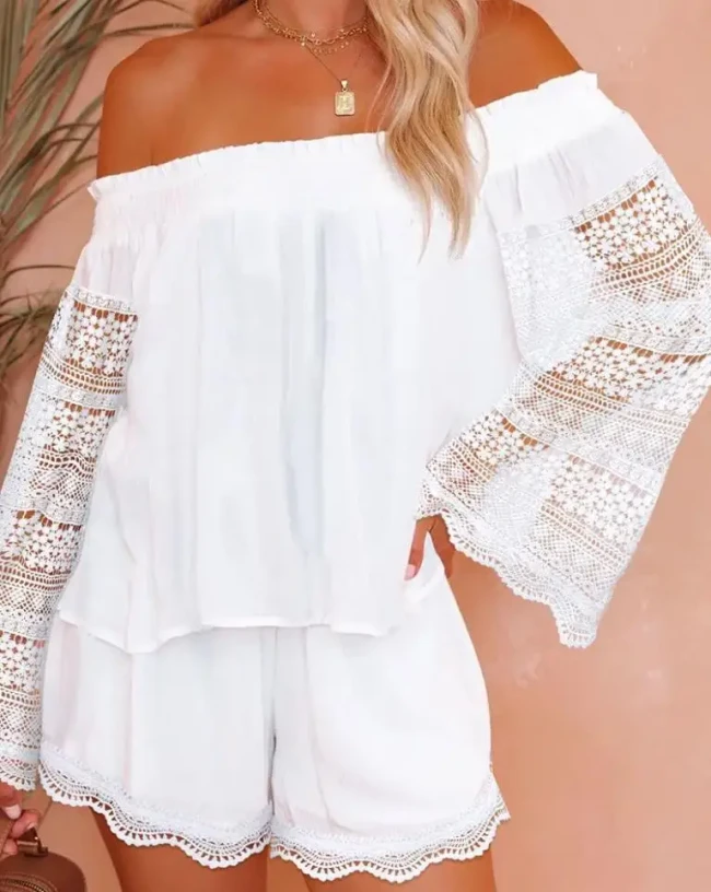 Fashion Contrast Lace Off Shoulder Bell Sleeve Top & Casual Daily Vacation Shorts Set