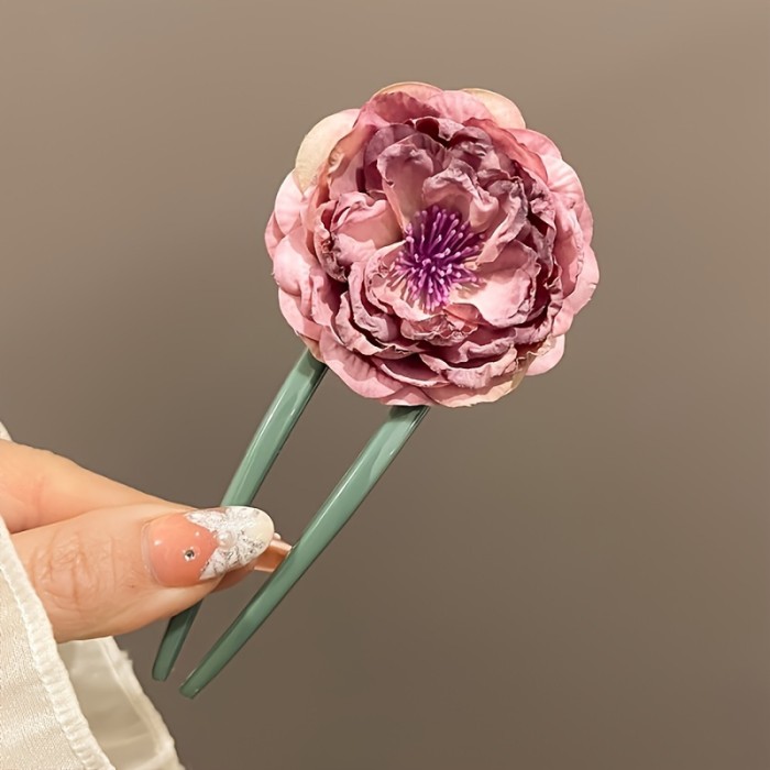 1pc Vintage Style U-Shaped Hairpin For Women, Floral Hair Clip, Traditional Artificial Dried Flower Hair Accessory For Elegant Updos