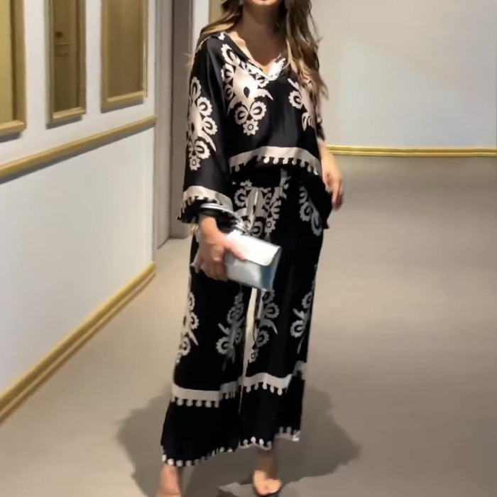 Print Wide Leg Pant Sets Loose Casual Elegant Splice Oblique Shoulder Tops Long Pants