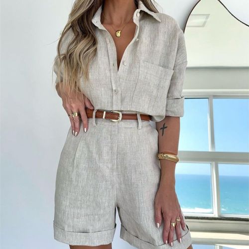 Solid Color Fashion Lady Casual Outfits Lapel Shorts Suit Women Single Breasted Long Sleeve Tops Loose Short Pants