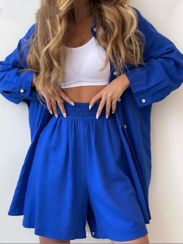 Fashion Lapel Cardigan Shirt Solid Color Shorts Pocket Button Shorts Set