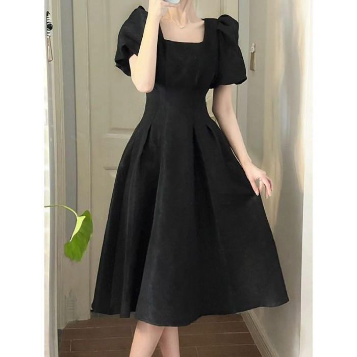 Vintage Square Neck Puff Sleeve High Waist A-Line Fashion  Midi Dresses