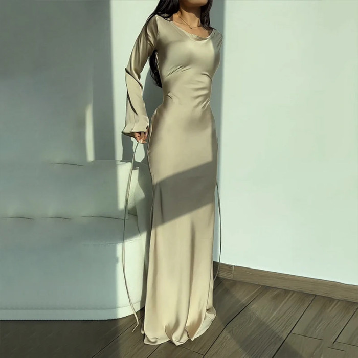 Women's Lace Up Separation Feeling National Style Lazy  Waist Wrapped Round Neck Dress