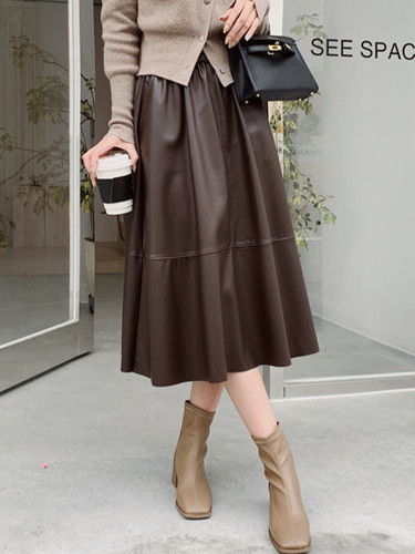 PU Leather Skirt Fashion Solid Color Casual Loose High Waist A-Line Skirt