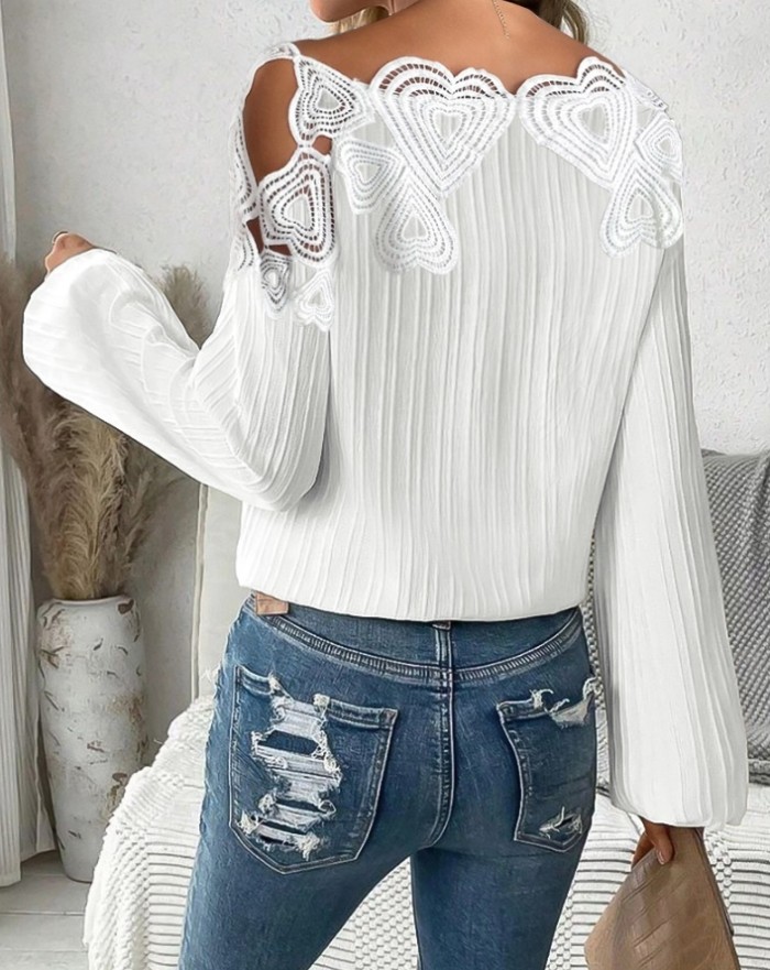 Fashion Heart Pattern Lace Casual Off-shoulder Solid Color Long Sleeve Top