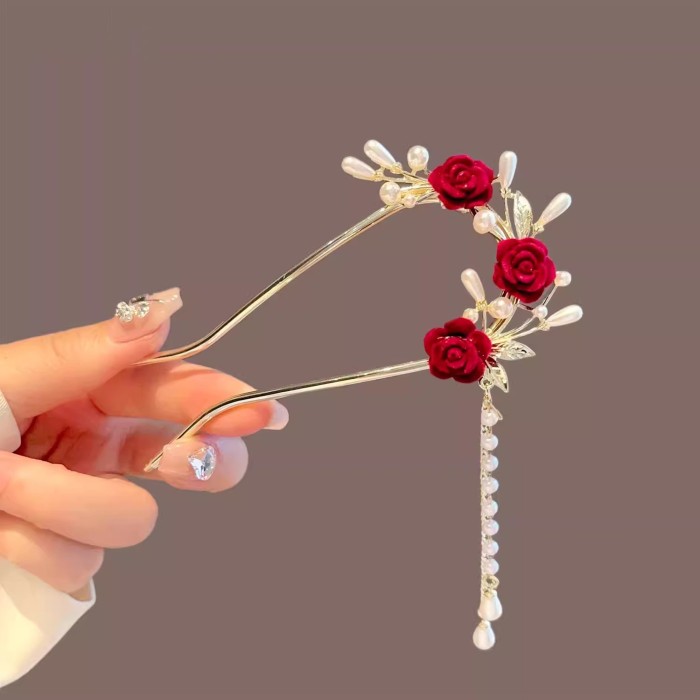 1pc, Elegant Retro Tassel Hairpin, Flower Theme Daisy & Rose Design U Shape Hairpin, Women Girls Casual Party Supplies, Princess Fairy Style Hair Accessories, Gift Photo Props