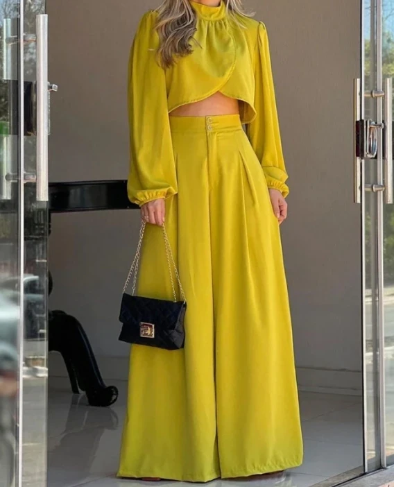 Temperament Commuting Irregular Crop Top & Casual High Waist Daily Wide Leg Pants Set