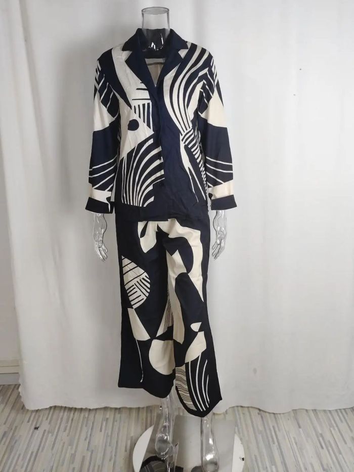 Women Digital Print 2 Piece Set Chic Lapel Long Sleeved Blouse Top Loose Straight Leg Pants Suit