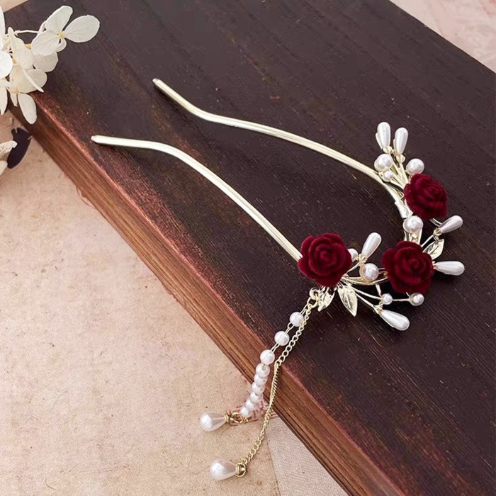 1pc, Elegant Retro Tassel Hairpin, Flower Theme Daisy & Rose Design U Shape Hairpin, Women Girls Casual Party Supplies, Princess Fairy Style Hair Accessories, Gift Photo Props