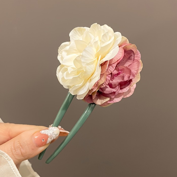 1pc Vintage Style U-Shaped Hairpin For Women, Floral Hair Clip, Traditional Artificial Dried Flower Hair Accessory For Elegant Updos