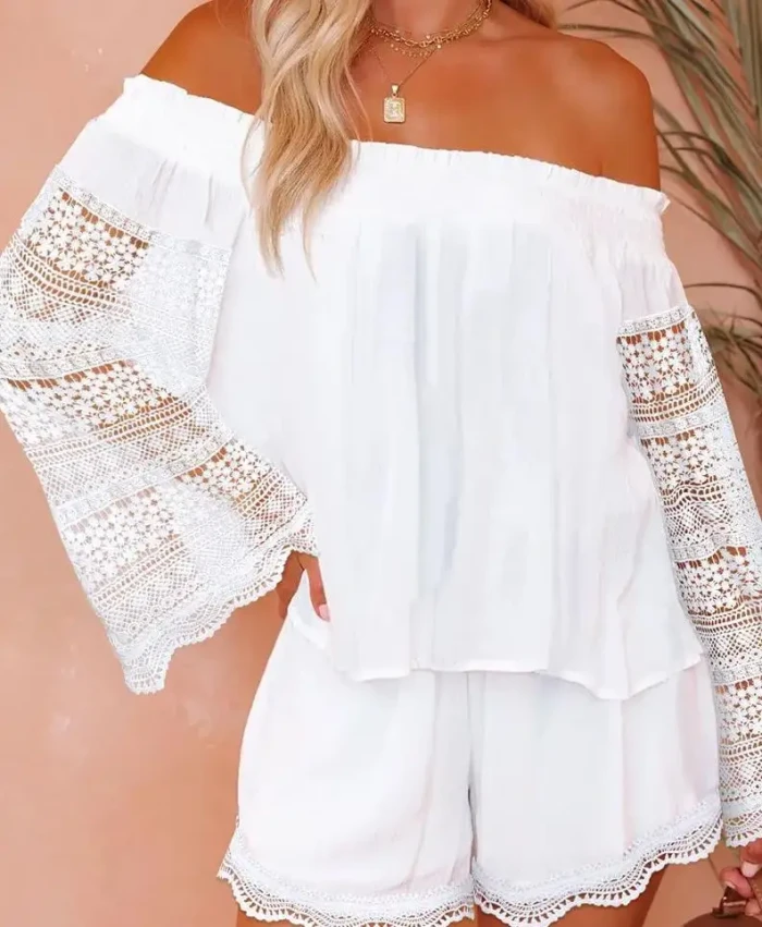 Fashion Contrast Lace Off Shoulder Bell Sleeve Top & Casual Daily Vacation Shorts Set