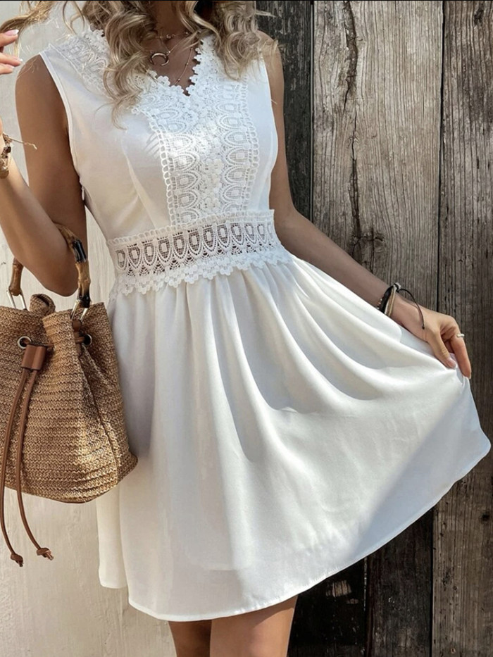 Vintage Sleeveless Lace Patchwork Fashion Hollow Out High Waist Beach Dresses