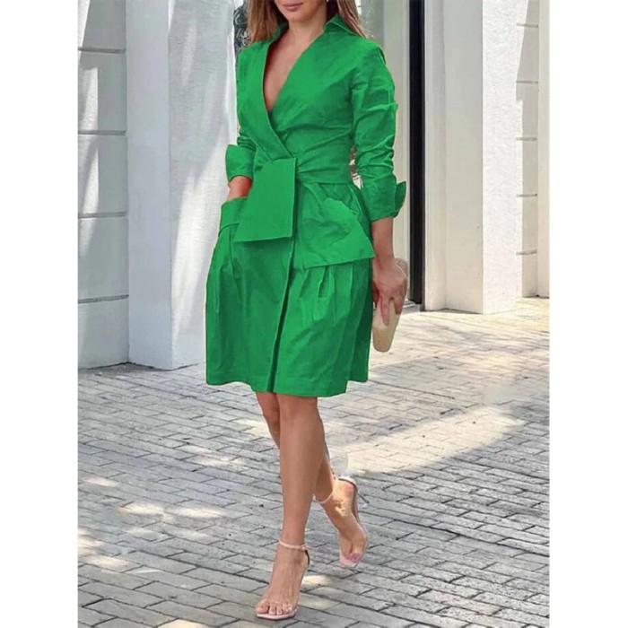 Fashion Sexy V Neck Solid Color Party Elegant Loose Fit Pocket Splicing Dress